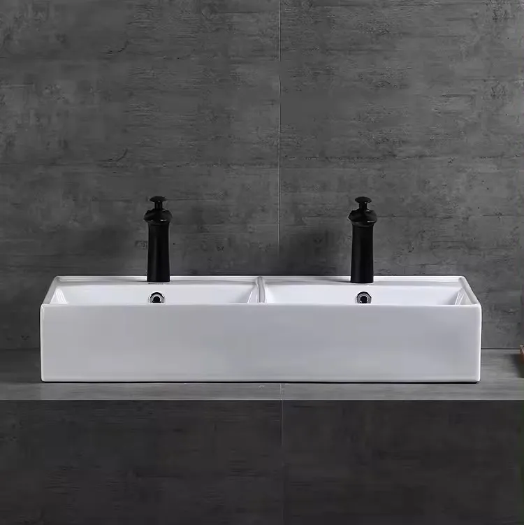 Modern Rectangular White Ceramic Double Bowls Countertop Vanities Lavabos Bathroom Art Wash Basin Sink
