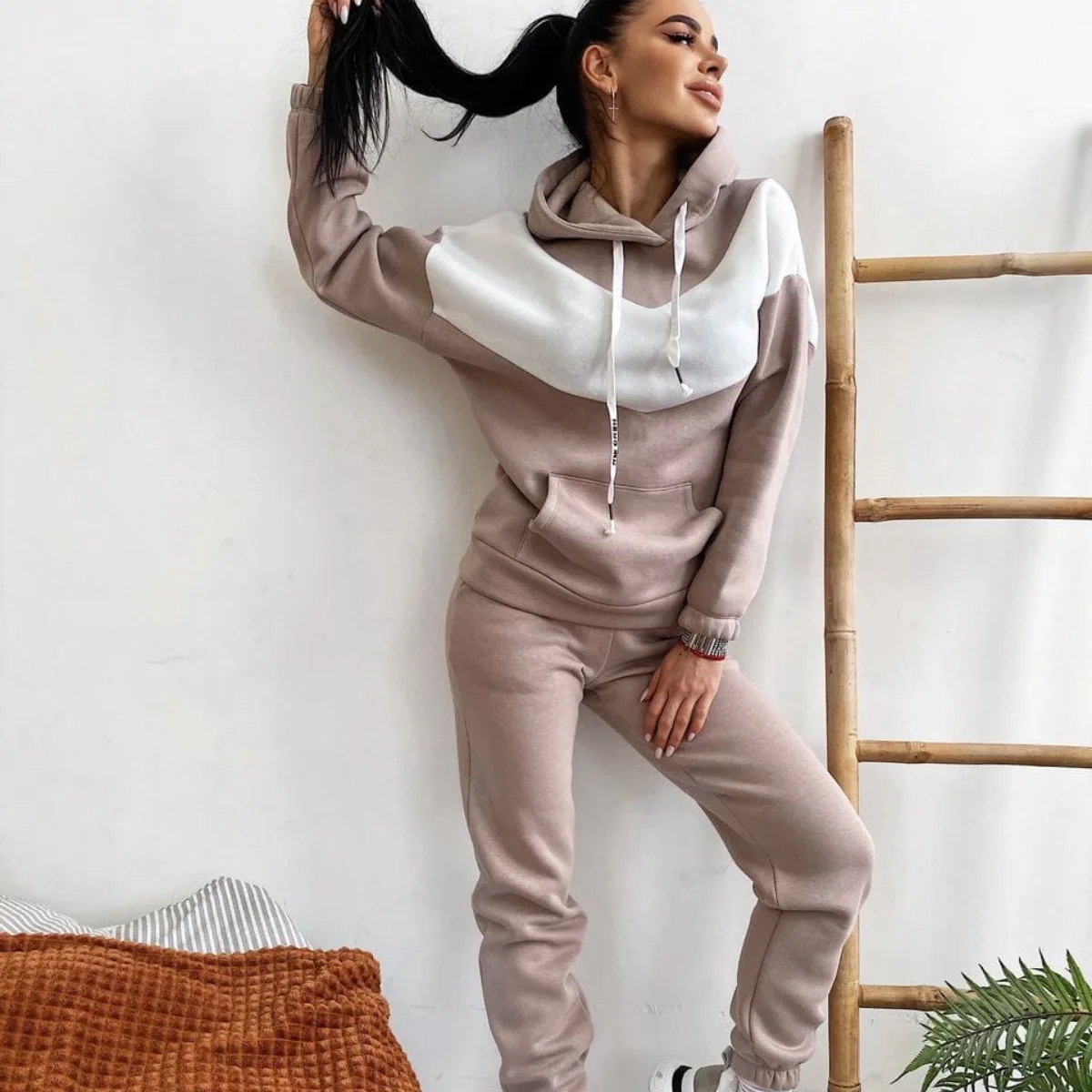 Women Fall Casual Plain Loose 2 Pieces Jogger Sweatshirt sweatpants and hoodie women sweatsuit set tracksuit
