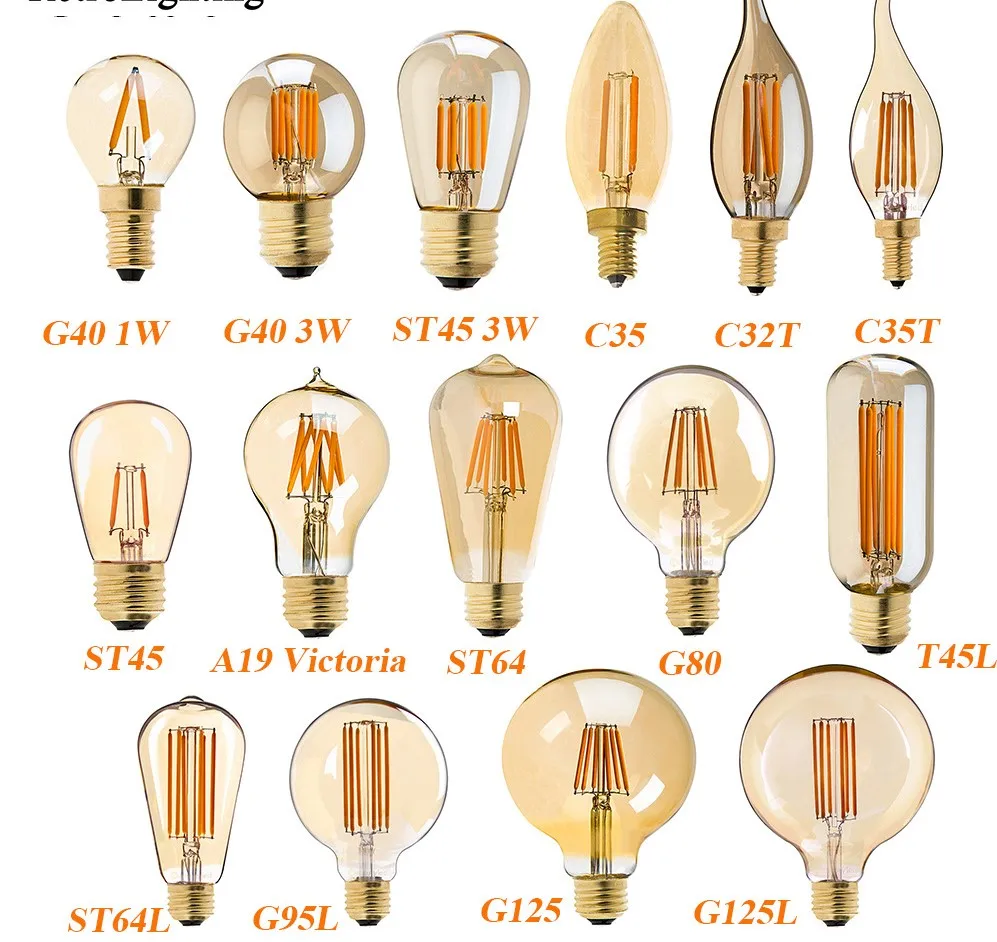 Decorative Retro Chandelier Lamp Glass 4W LED Filament Bulb T45 Edison Light With C35 A19 T30 ST58 ST64 G80 G95 G125