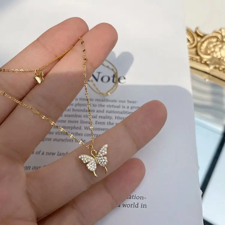 wholesale women rhinestone crystal butterfly necklace gold plated double layered ladies jewelry butterfly pendant necklace