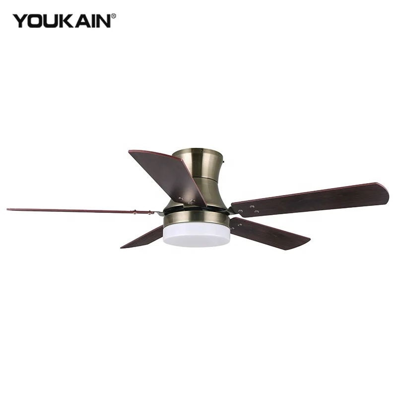Antique brass domestic 52 inch low ceiling recessed LED light 5 blade flush mount fan