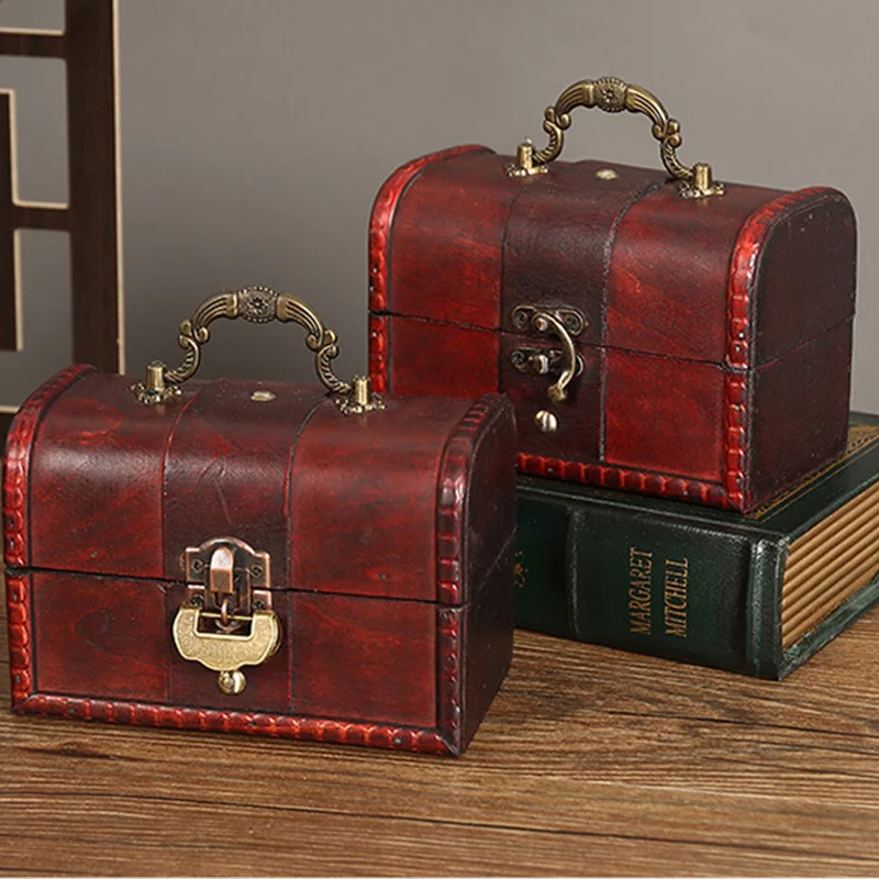 Antique Vintage Wooden Box  Small Metal Lock Jewelry Treasure Chest Handmade Retro Wood Organizer