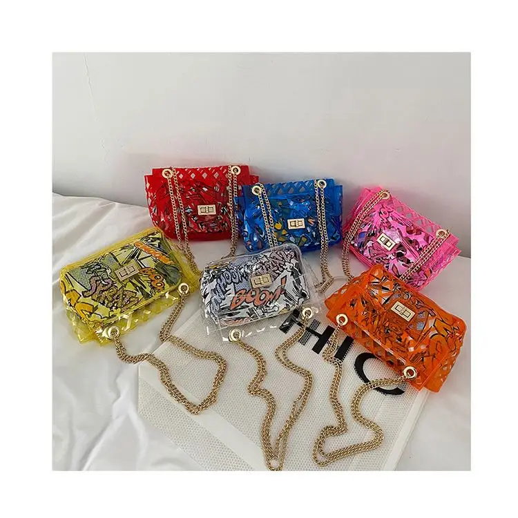 
2021 New Designer Jelly Hollow Shoulder Messenger Purses Graffiti Women Trendy Composite Hand Bags PVC Clear Summer Handbags 