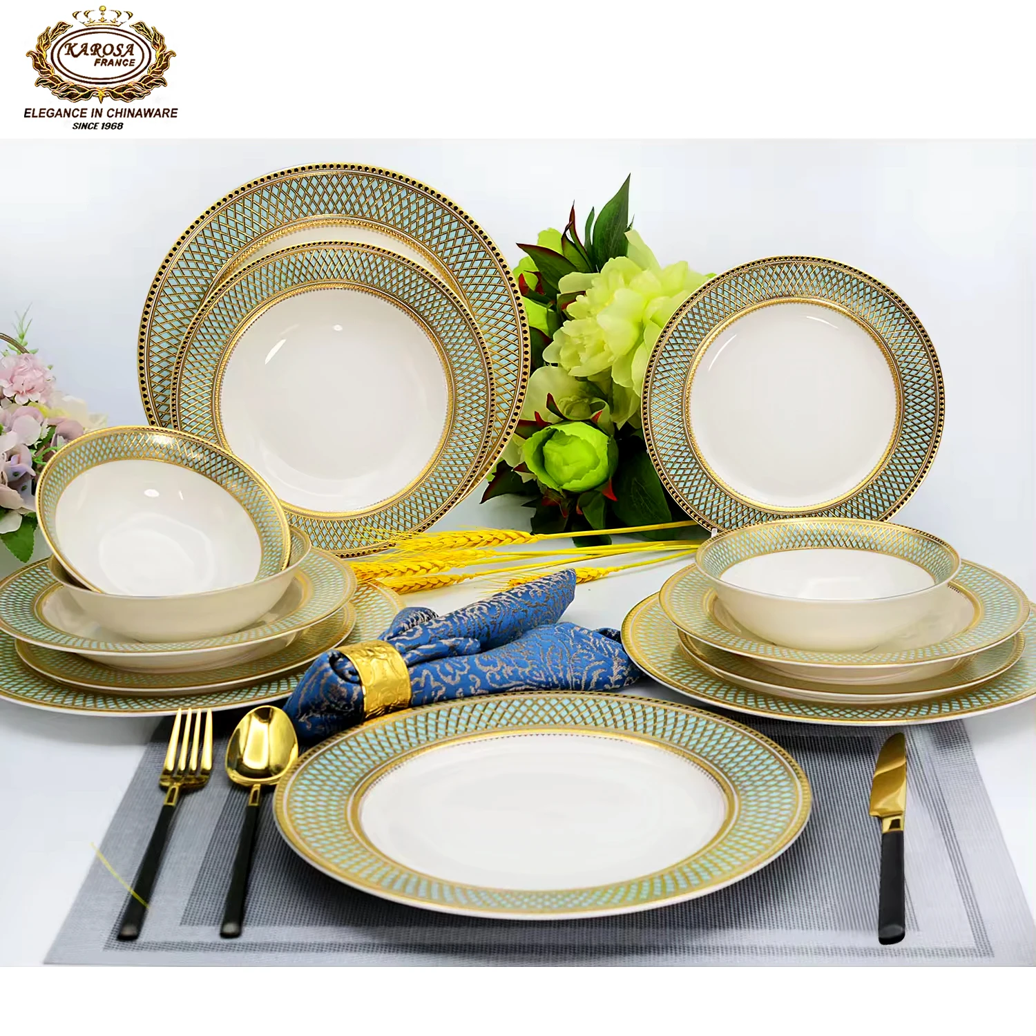 24pcs green designer royal porcelain dinner set bone china manufacturer luxury gold dinnerware set