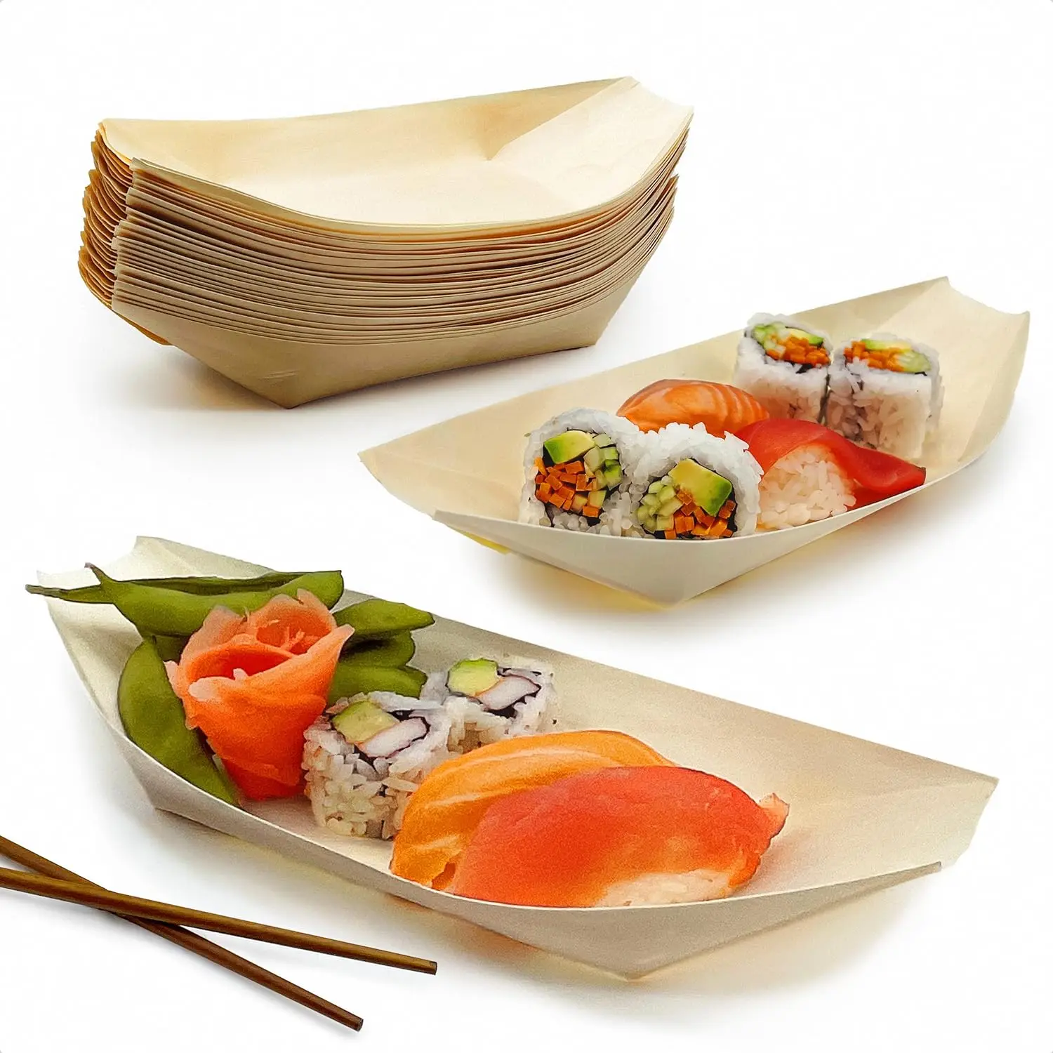 Large capacity Disposable Sushi Boat made of Natural pinewood Compostable Appetizer Plates healthy salad Trays for all foods
