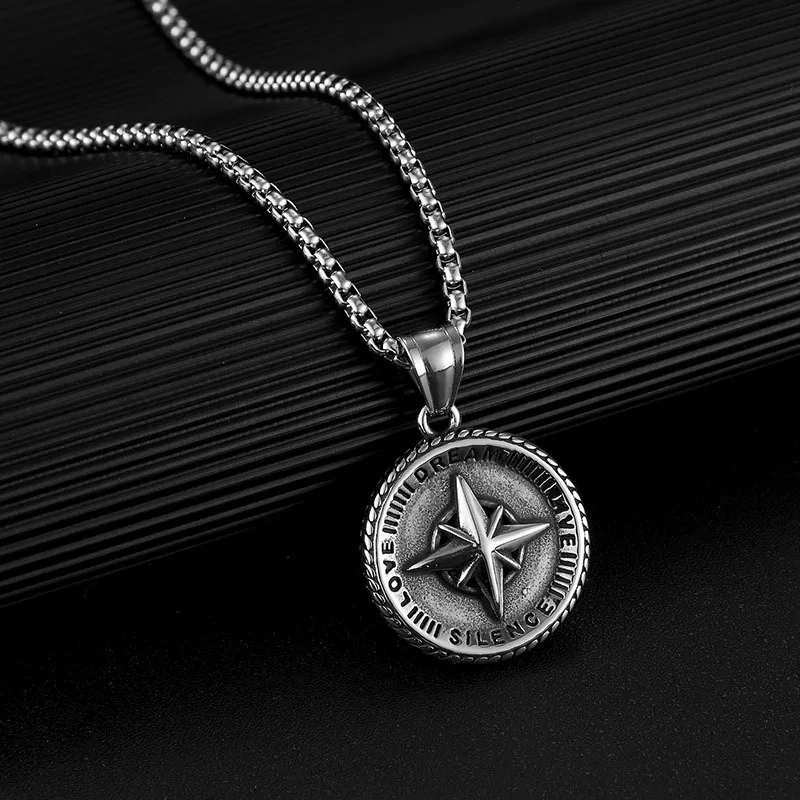 Vintage Viking Kompass Compass Nautical Way Guidance Coin 316 Stainless Steel Pendant Fine Fashion Jewelry Necklaces Mens