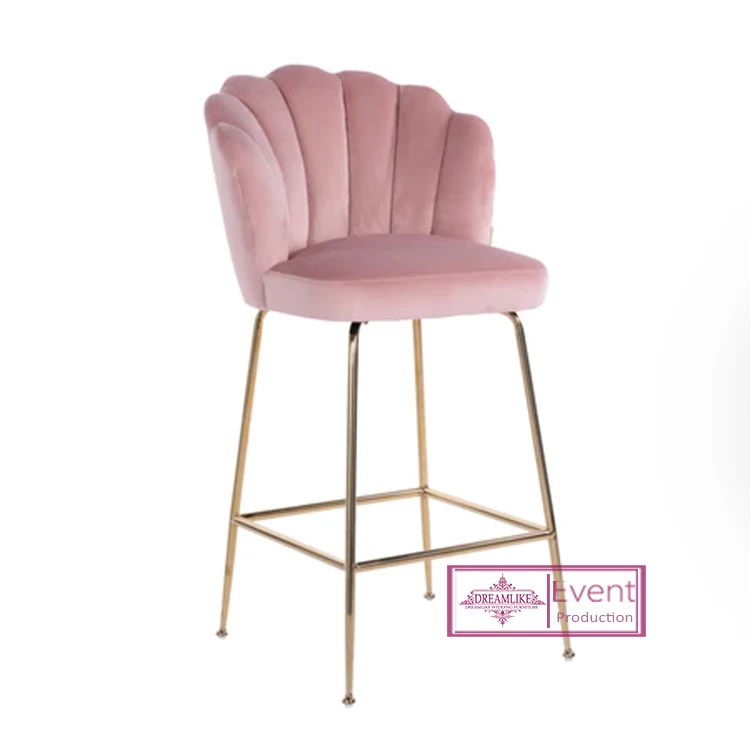 Modern Korean Style High Back Bar Stool Metal Frame Pink Velvet Dining Chair for Kitchen Restaurant for Outdoor Wedding