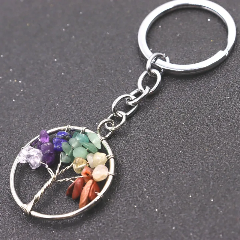 Natural Healing 7 Chakra Stone Gemstone Tree Of Life Keychain Key Ring Key Holder Charm For Women