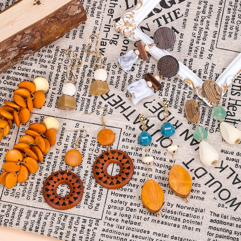 HOVANCI Boho Earrings S925 Stud Large Wood Laser Cut Acrylic Bamboo Ball Long Beads Geometric Earrings