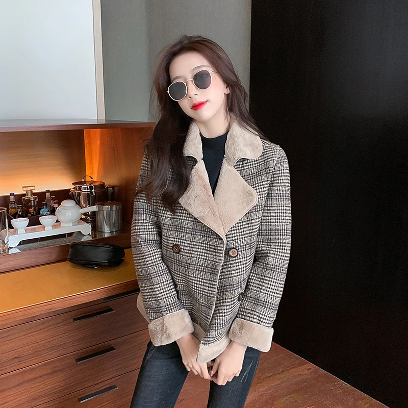 Fleece Coat Ladies Short Jacket Korean Loose New Autumn Winter Fashion Thick Plaid Faux Lamb Wool Coat Women Jacket
