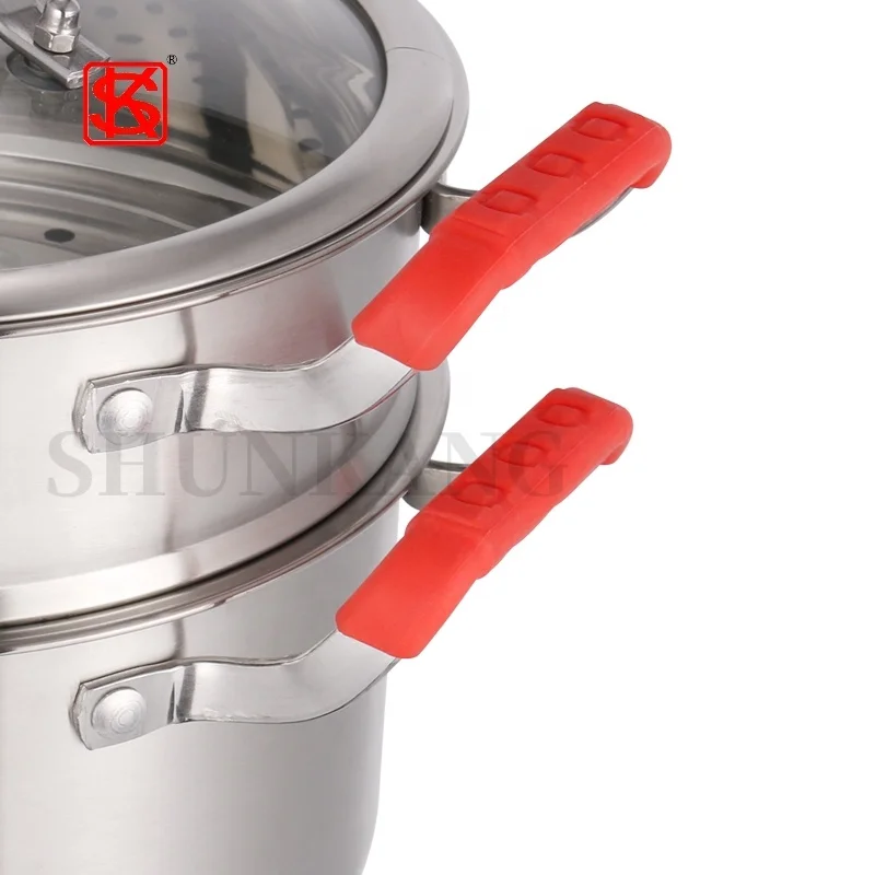 2 Layers Stock pot with steamer 304 Stainless Steel Steam Pot With Silicone Handle