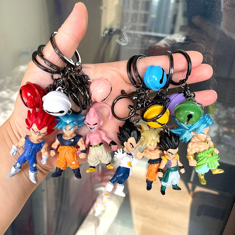 Wholesale creative 3d rubber anime doll Figurine dragon ball goku keychain set with bell silver ring