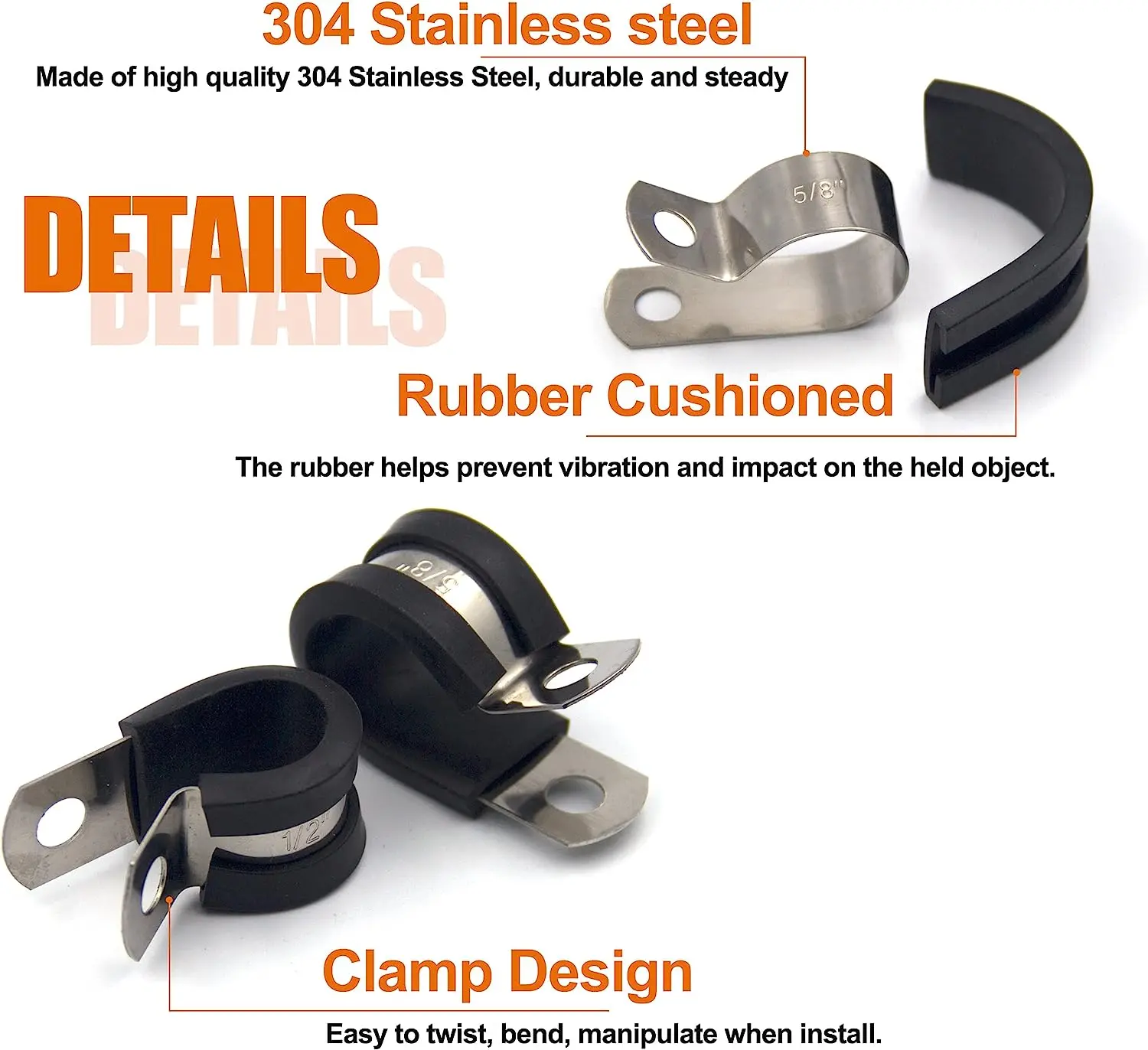 Set Of 52 Rubber Lined P Clips Cable Hose Clamps Pipe Holder Air Clip Clamp Kit Stainless Steel Rubber Cushion Pipe Clamps