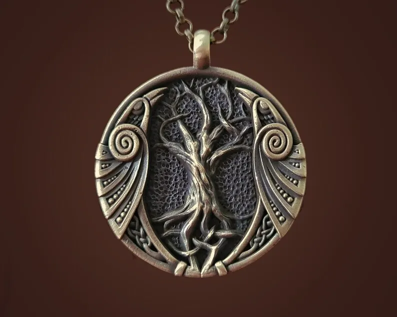 Viking Celtic Raven Yggdrasil Crow Huginn Muninn Tree of Life Pendant Necklace Amulet Talisman Jewelry Medallion
