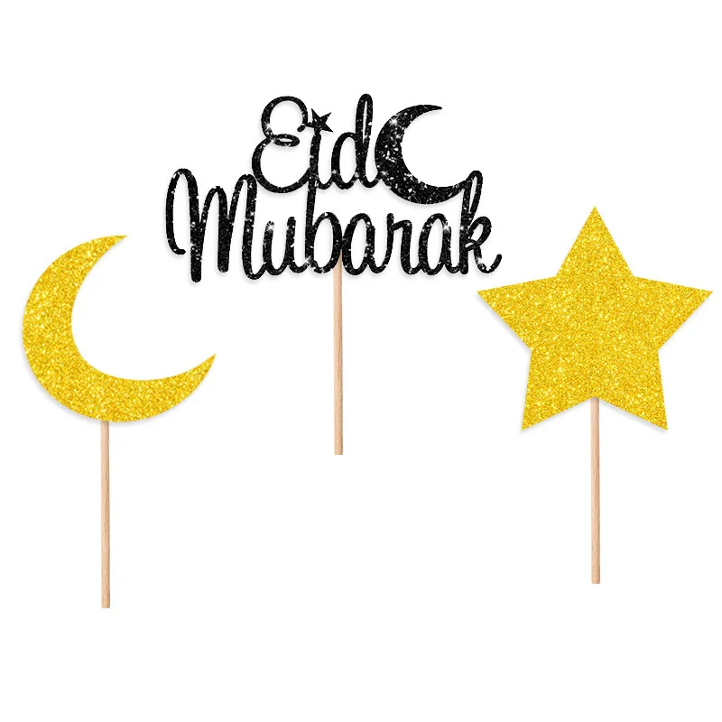Glitter Moon and Star Eid Mubarak Cupcake Topper Islamic Muslim Party Supplies Ramadan Kareem Party Supplies cake favor