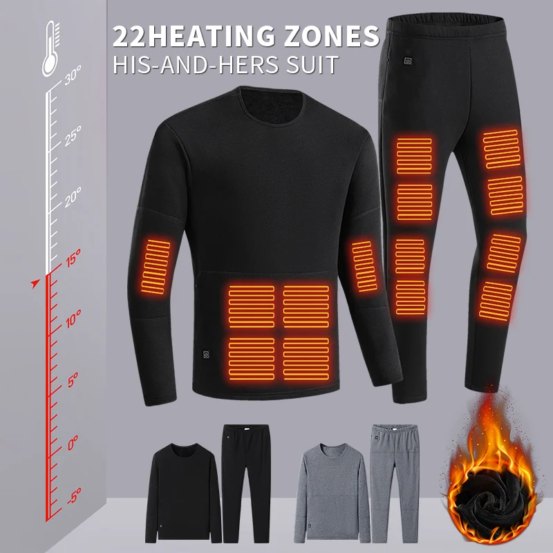 Heating Tech Washable Winter Clothing Warm Men Women Long Sleeve T Shirts USB Smart Heated Thermal Underwear Set with Pants