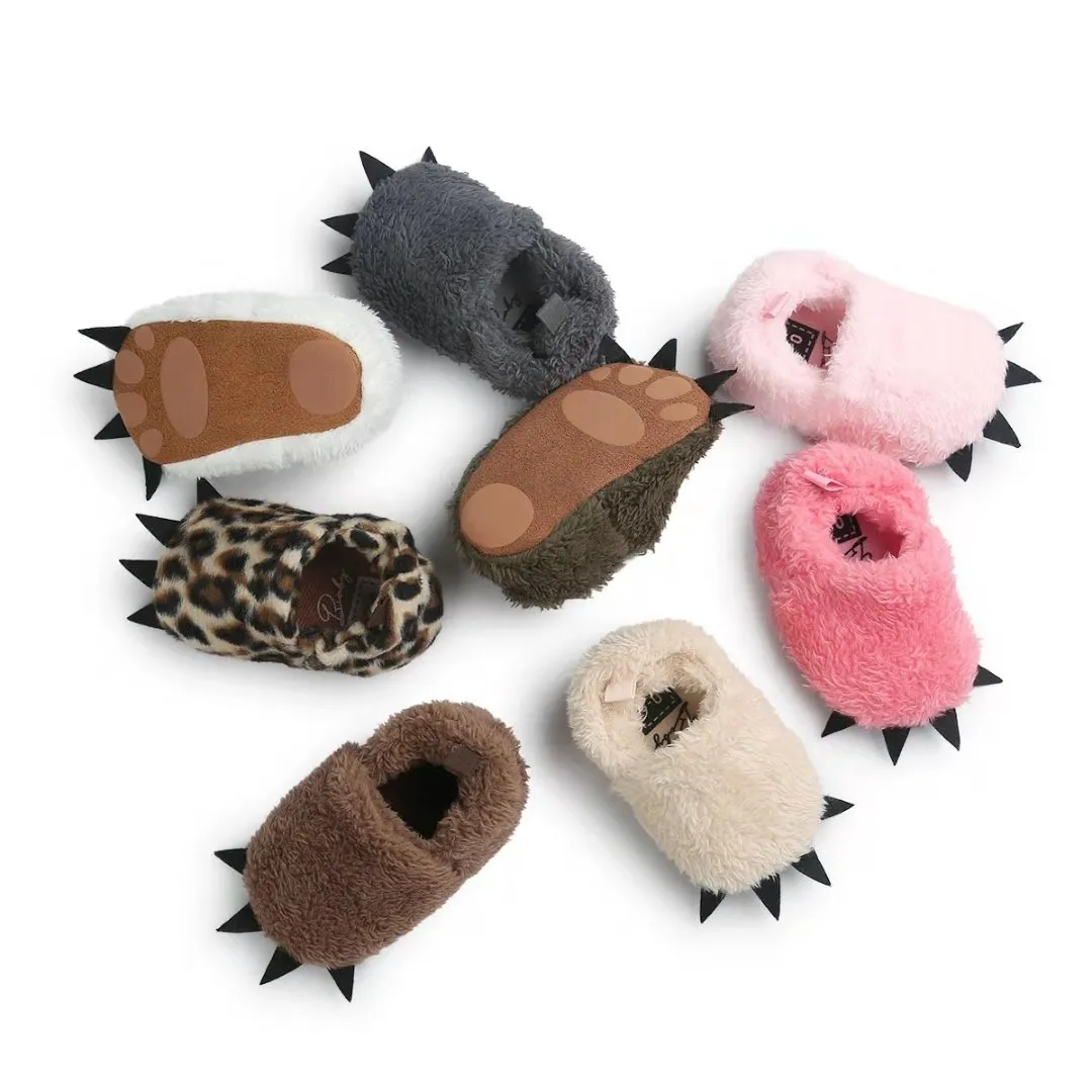 Wholesale Infant Wool Slipper Leopard Warm Home Bear Paw Boots Plush Baby Indoor Shoes