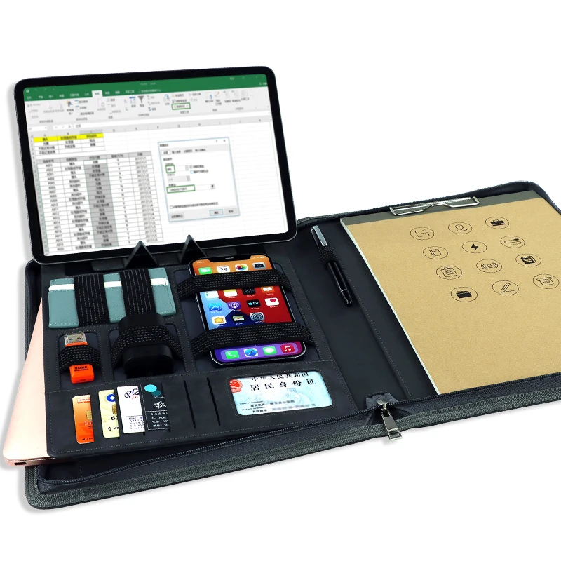 Custom design a4 leather pu zipper portfolio business file folder padfolio with phone holder