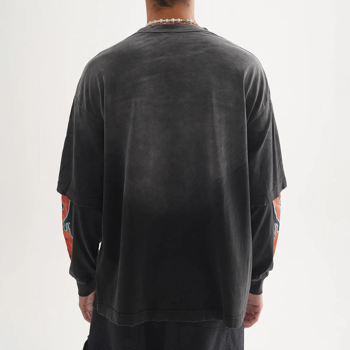 Cracked Graphic Print Tee Shirt Acid Wash Oversized Tshirt Custom Streetwear Clothes Double Layered Long Sleeve T-shirt for Men