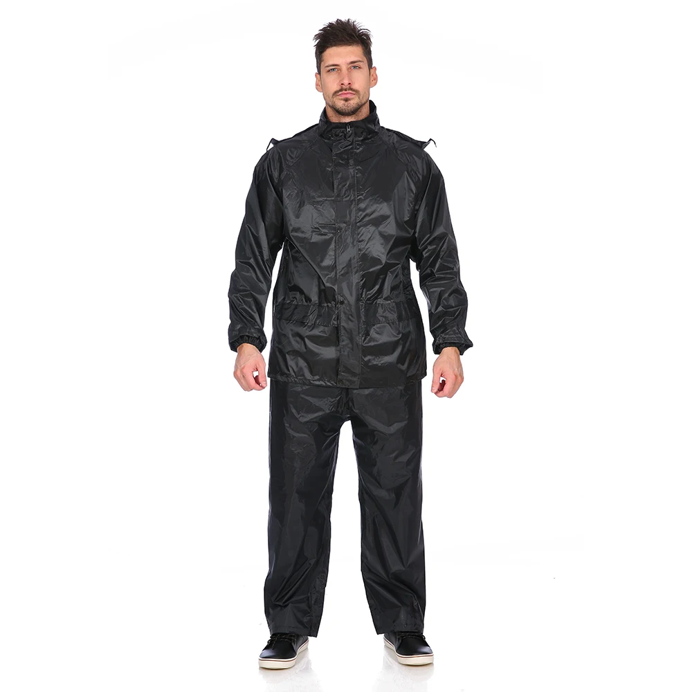 High Quality Raincoat Black Color 170t Polyester Mens Reflective Double Layer Rainsuit With Mesh Lining