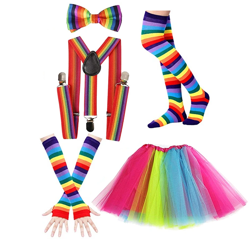 Womens 80s Neon Party Outfit Costume Rainbow Stripes Arm Warmer Long Socks Bowtie Suspenders Tutu Skirt Cosplay Set
