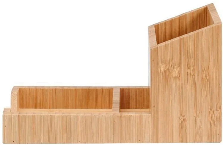 Bamboo Desk Organizer Pencil Stand Pen Holder With Tray For Small Stationery Items Desktop Storage Rack For Paperclip Card