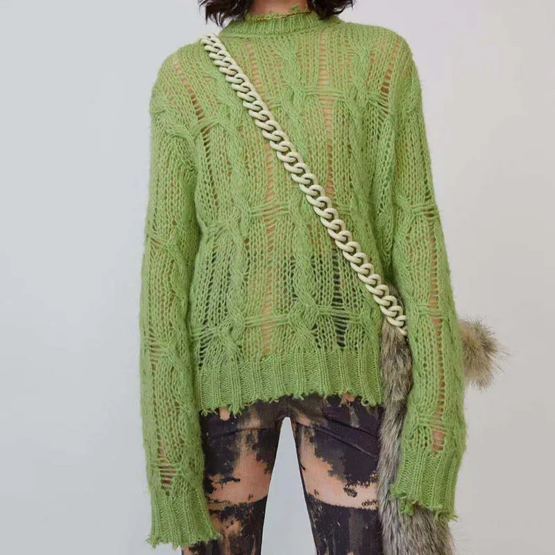 FYB OEM mohair wool blend sheer trendy ripped thermal sweater for women