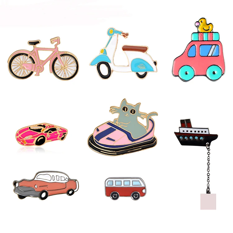 Bargain price transportation enamel pin cartoon bike car bus boat  brooch lapel pin