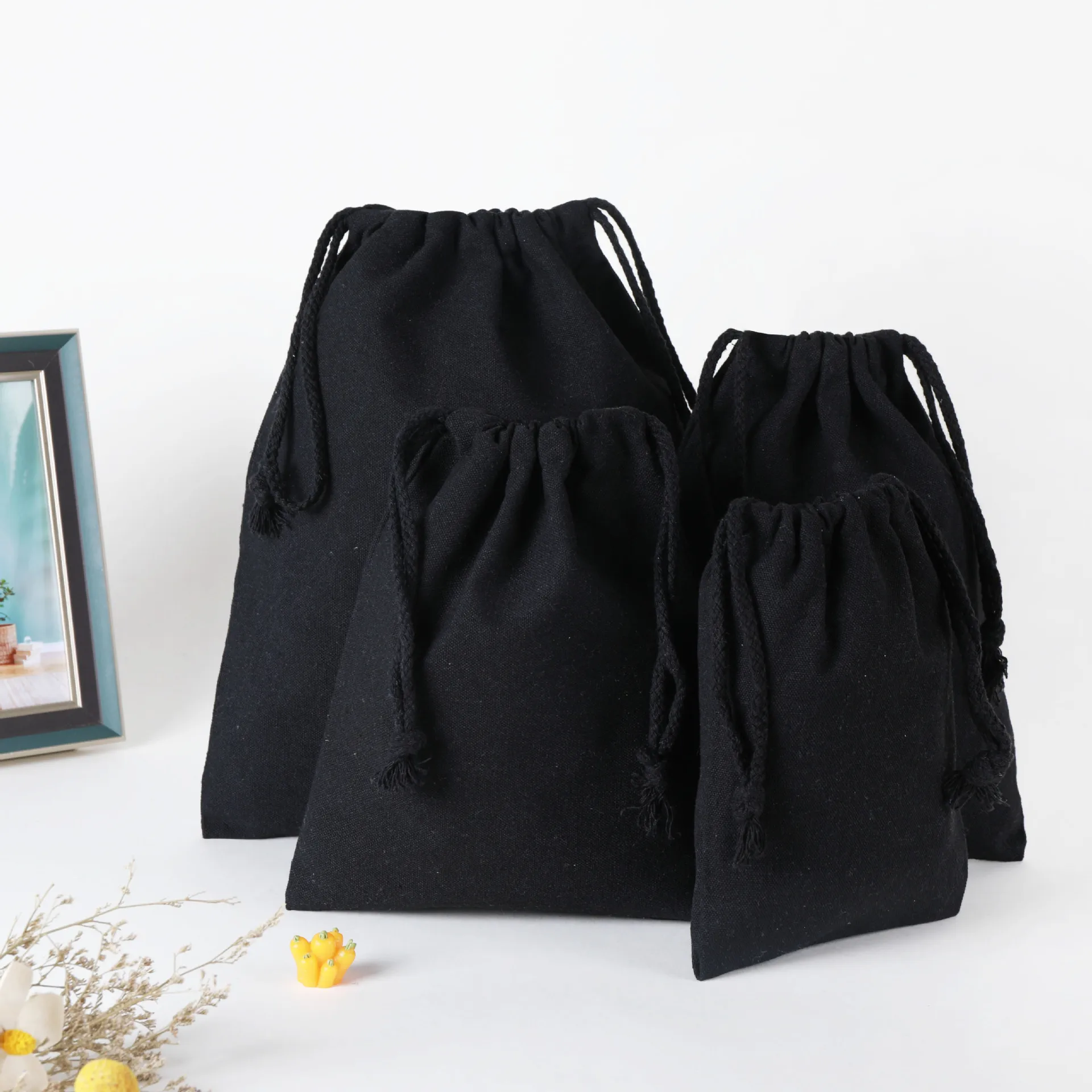 Cheap High Quality Versatile Pull String Bag Custom Recycled Black Cotton Dust Pouch Canvas Shoe Packaging Drawstring Bags