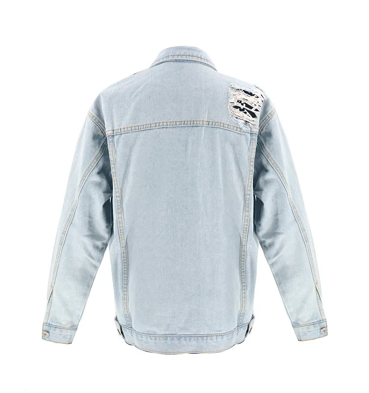 
Fashion Casual Blue Long Denim Jaket Women Ripped Jean Jacket 