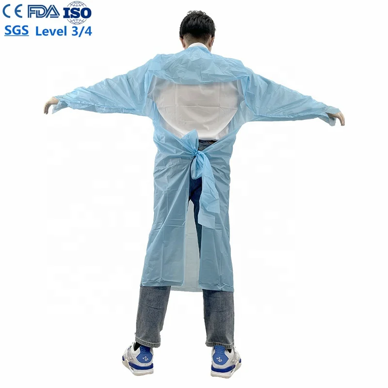 Factory Wholesale ASTM F1670 disposable CPE gown with tumb loop 510K blue apron dentist for Hospitals