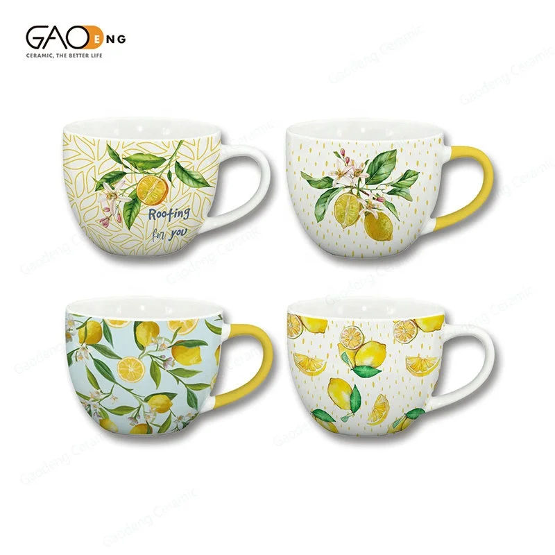 factory cheap 14oz custom new bone china soup mugs white ceramic soup cups with lemon design