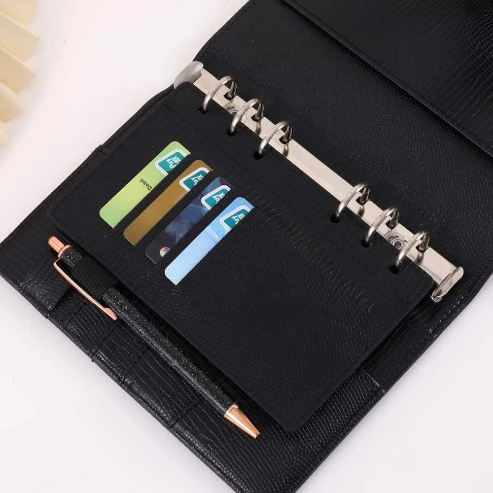 Etsy Best Selling 6 Ring A6 Lizard Croc Leather Dashboard Fly Leaf for Personal Planner with 6 Card Slots & An Elastic Pen Loop