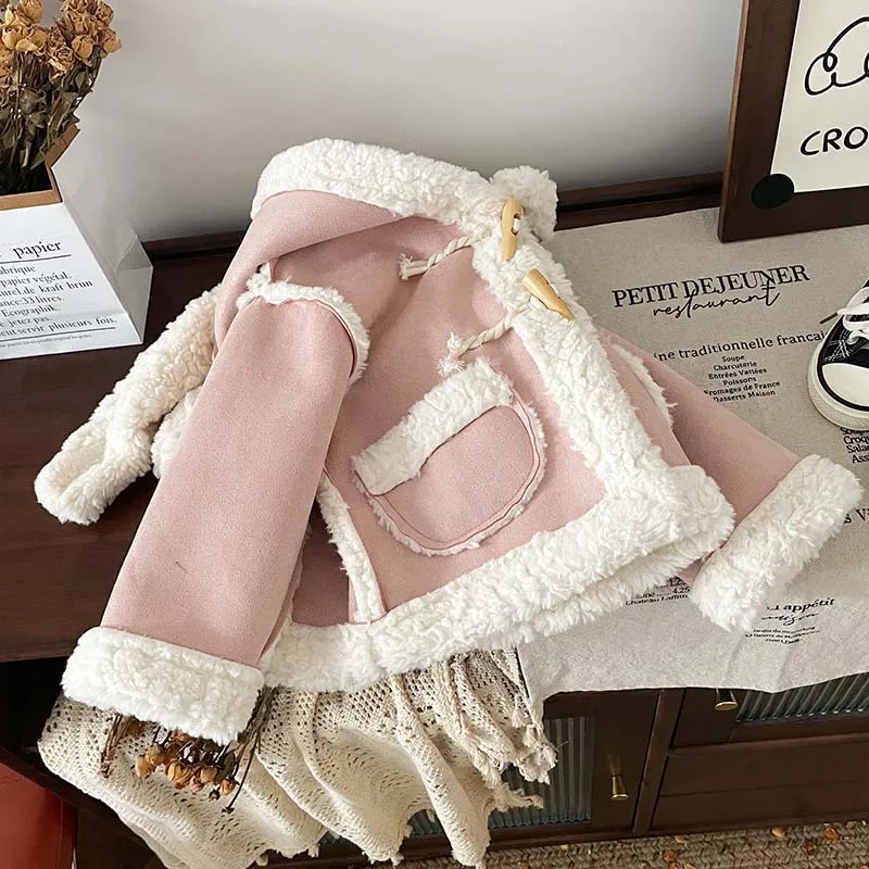 80-130cm Winter Kids Fur Coat Suede Fabric Plush Thickened Cardigan Horn Buttons Kids Wholesale Clothing Pink kids Winter Coat