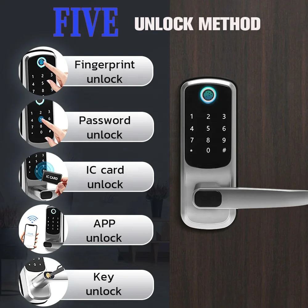 Smart Keyless Lock WIFI Password Tuya APP Fingerprint 5 In 1 Unlock Digital Electronic Door Lock