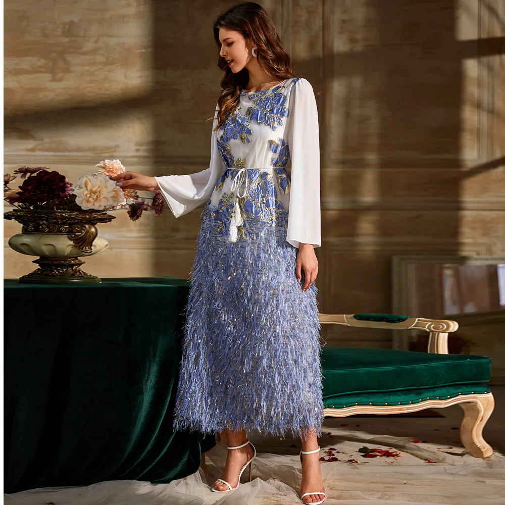 2023 Fashion Jacquard Gold Woven Blue Feather Long Sleeve Dress Turkey Middle East