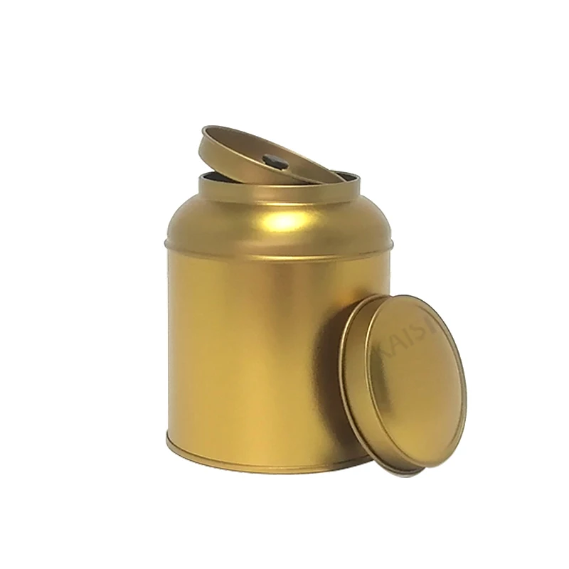 Tea packaging mini portable round travel canister tea metal cans matt gold round metal tin
