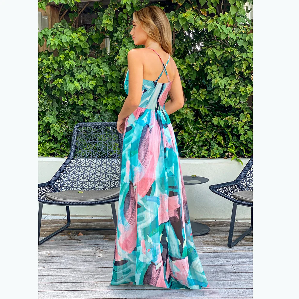 2023 Spring Summer Flower Printed Hawaii Dress Lady Sleeveless Patchwork Beach Vacation Long Women Maxi Casual Dresses