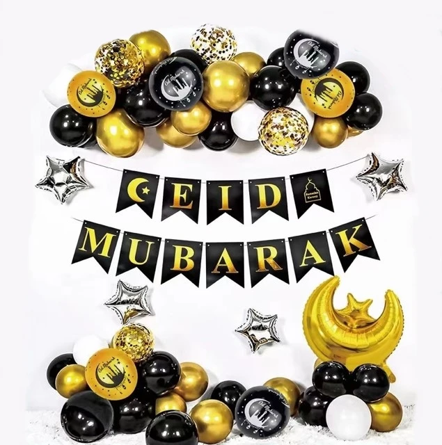 Ramadan/Eid Mubarak Party backdrop Moon stars flags poster Foil Balloons printed latex Balloons garland arch foil tasselss Decor