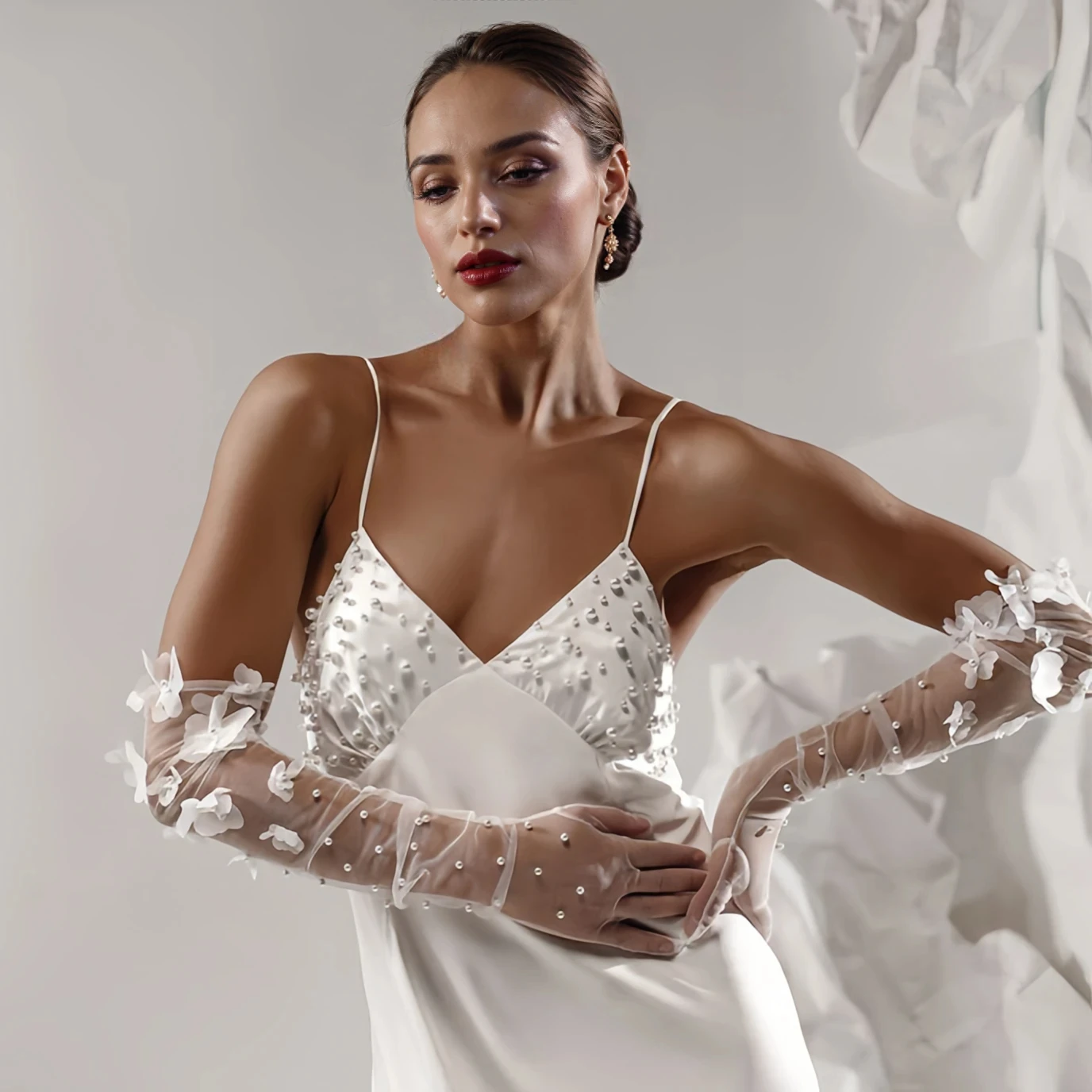 LUOXIN Elegant Women Bachelorette Party Pearls Beaded Elbow Covers Arms Sleeves Long Bride Gloves