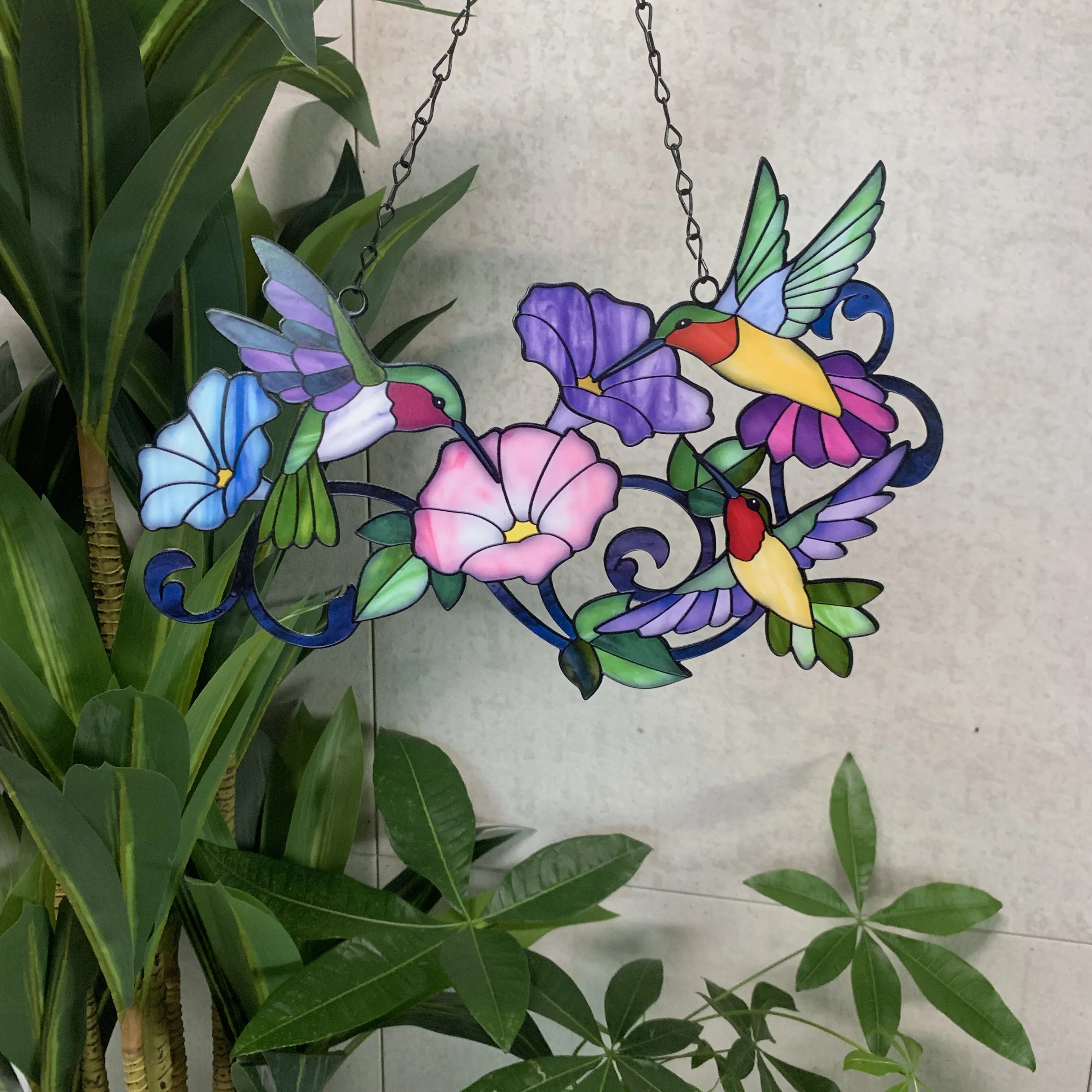 Flower Stained Glass Suncatcher Window Hangings Stained Glass Suncatcher With Three Birds And Morning Glory