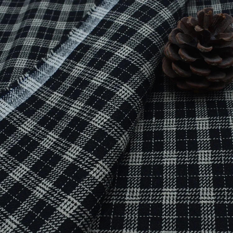 Korean fashion heavyweight 54% linen 46% polyester plaid fabrics checked black clothing manufacturing fabric for sale