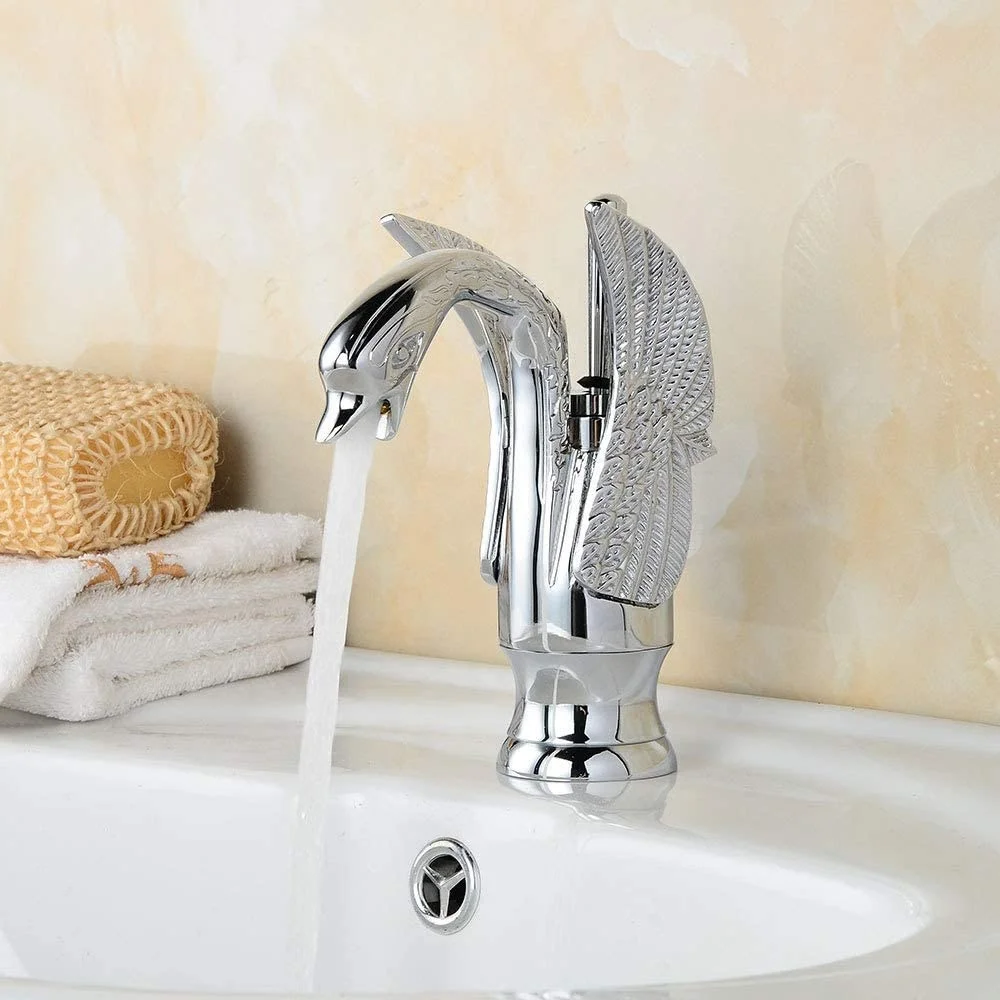 Goose Neck Wash Basin Mixer Tap Deck Mount Brass Single Handle Chrome Gold Plated Bathroom Animal Shape Swan Neck Faucet