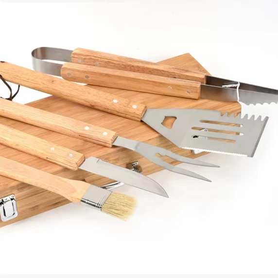 Kit Barbecue tool Wooden bamboo handle 5 stainless steel barbecue tool sets with wooden box