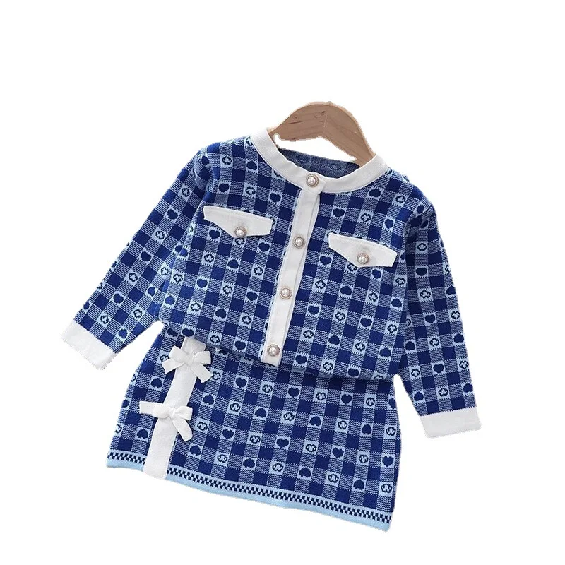 Autumn Toddler Baby Kids Girls Clothes Sets Long Sleeve Hairball Knit Tops Sweater+button Mini Skirt Warm Outfits Sets