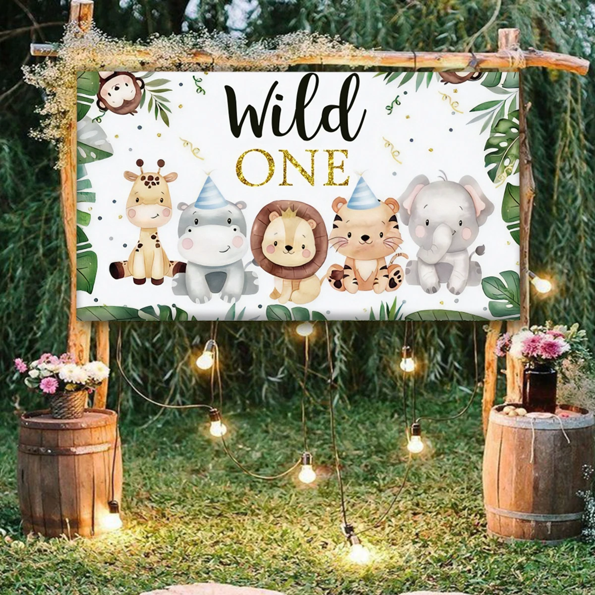 Cartoon Safari Animals Backdrop Happy Birthday Photography Background Fauna Jungle Wildlife Zoo Themed Party Decoration Photo