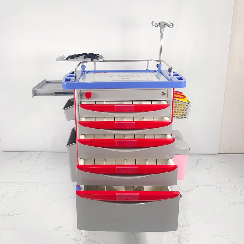 Factory Price ABS Plastic Hospital Nursing Crash Cart Emergency Medicine Trolley with 5 Drawers and CPR Board