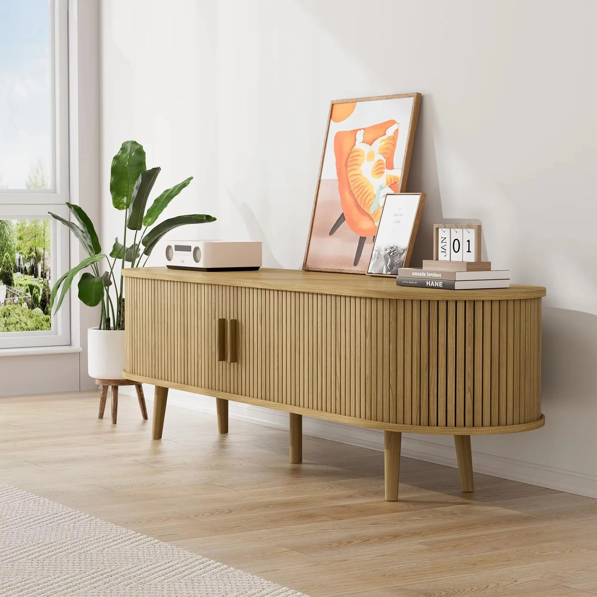 Farmhouse Curved Round Edge TV and Media Console Table 2024 New TV Cabinet with Siding Door