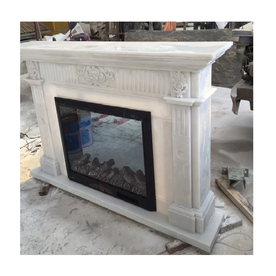 China white marble fireplace with flower carving on the stone