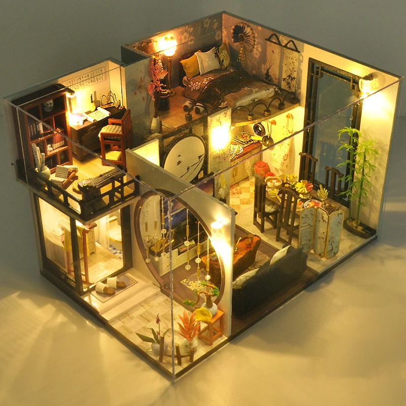 Handmade Assembly Model 3D DIY Wooden Doll House Miniature Dollhouse Creative Toy Gift for Children and Boys